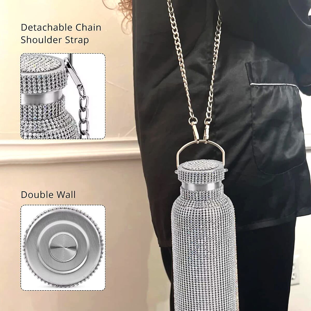 Multicolor Rhinestone Crystal Double Walled Stainless Steel Water Bottle with Strap 20oz image number 3