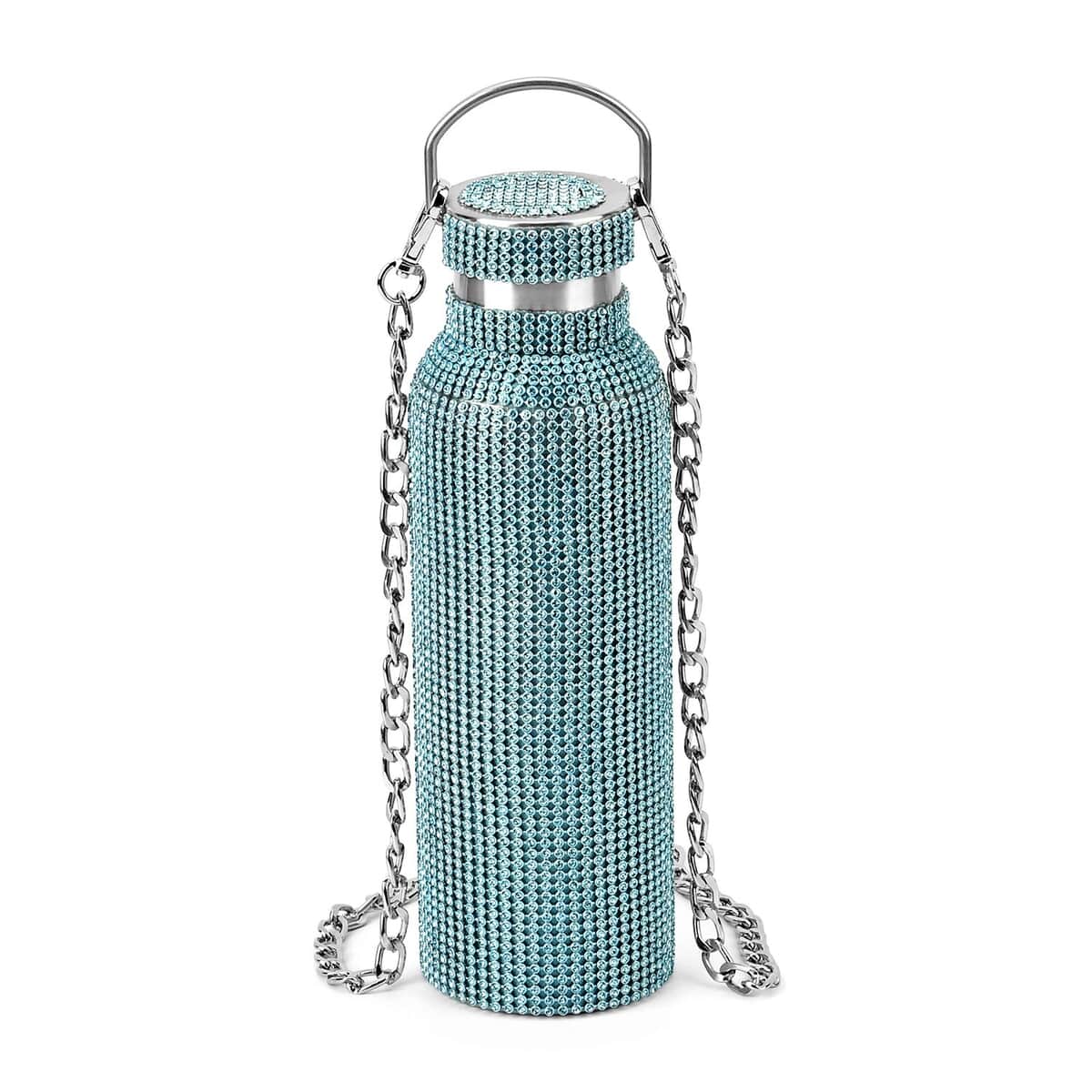 Blue Rhinestone Crystal Double Walled Stainless Steel Water Bottle with Strap 20oz image number 0