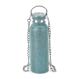 Blue Rhinestone Crystal Double Walled Stainless Steel Water Bottle with Strap 20oz