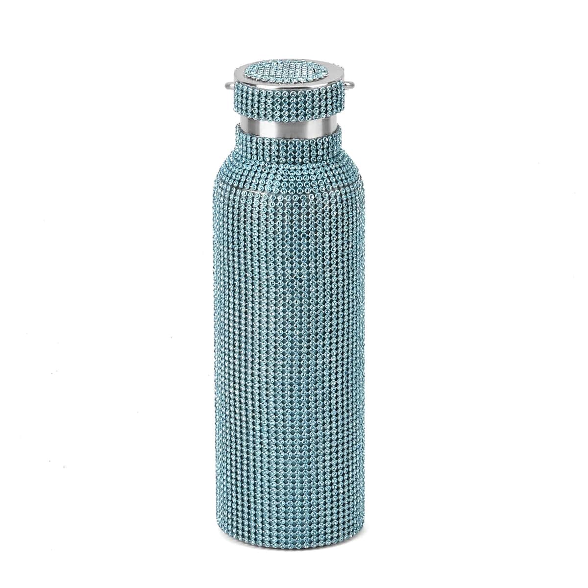 Blue Rhinestone Crystal Double Walled Stainless Steel Water Bottle with Strap 20oz image number 1
