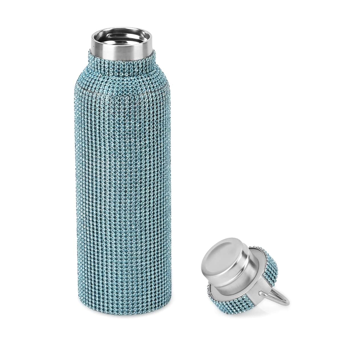 Blue Rhinestone Crystal Double Walled Stainless Steel Water Bottle with Strap 20oz image number 2