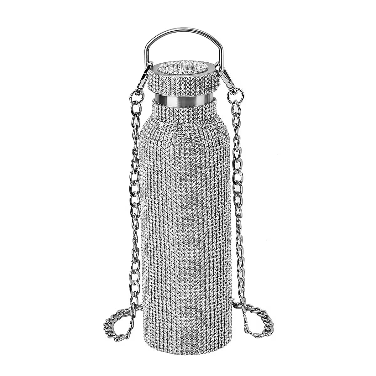 Crystal Studded Double Walled Stainless Steel Water Bottle with Detachable Chain Shoulder Strap 20oz- Silver image number 0