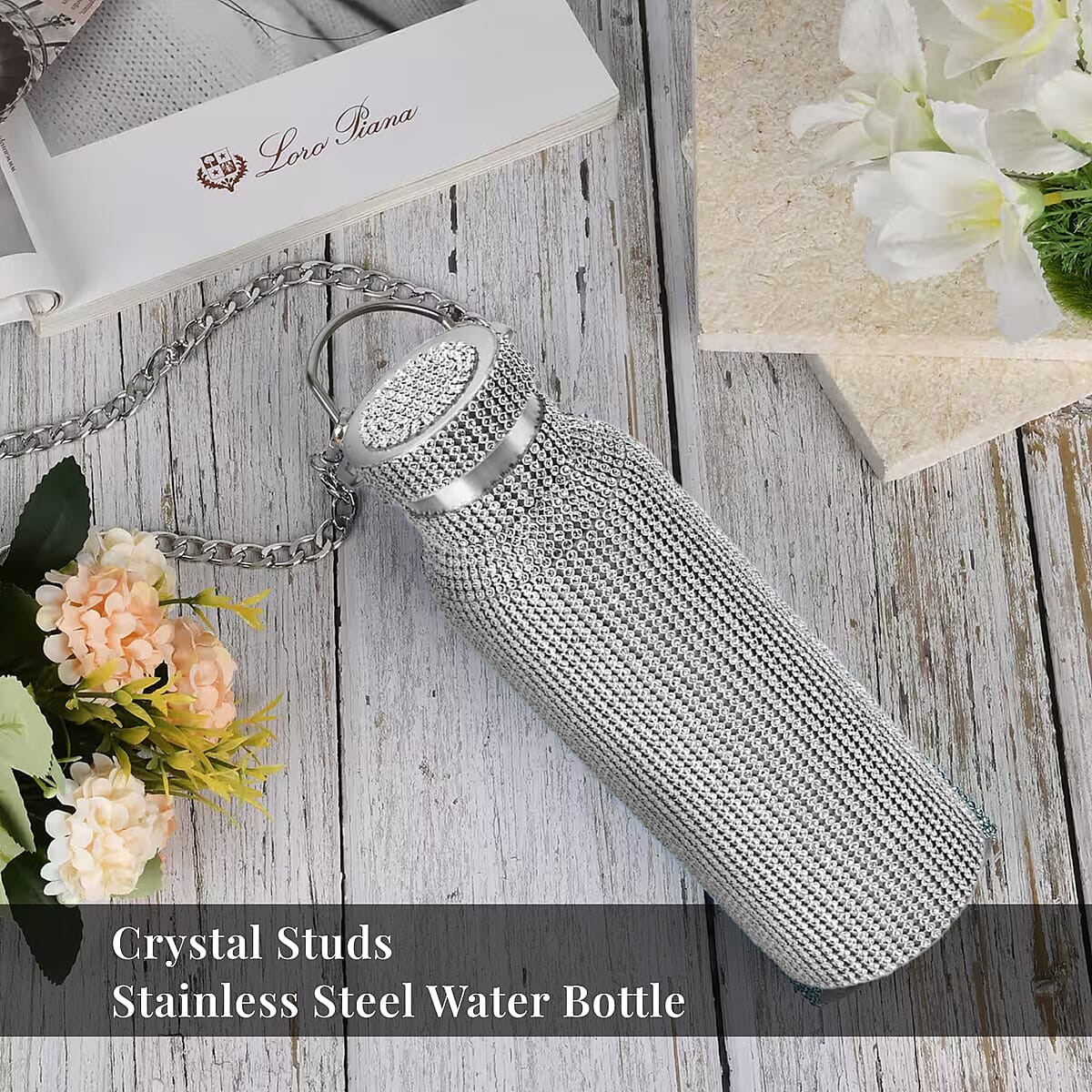 Crystal Studded Double Walled Stainless Steel Water Bottle with Detachable Chain Shoulder Strap 20oz- Silver image number 1