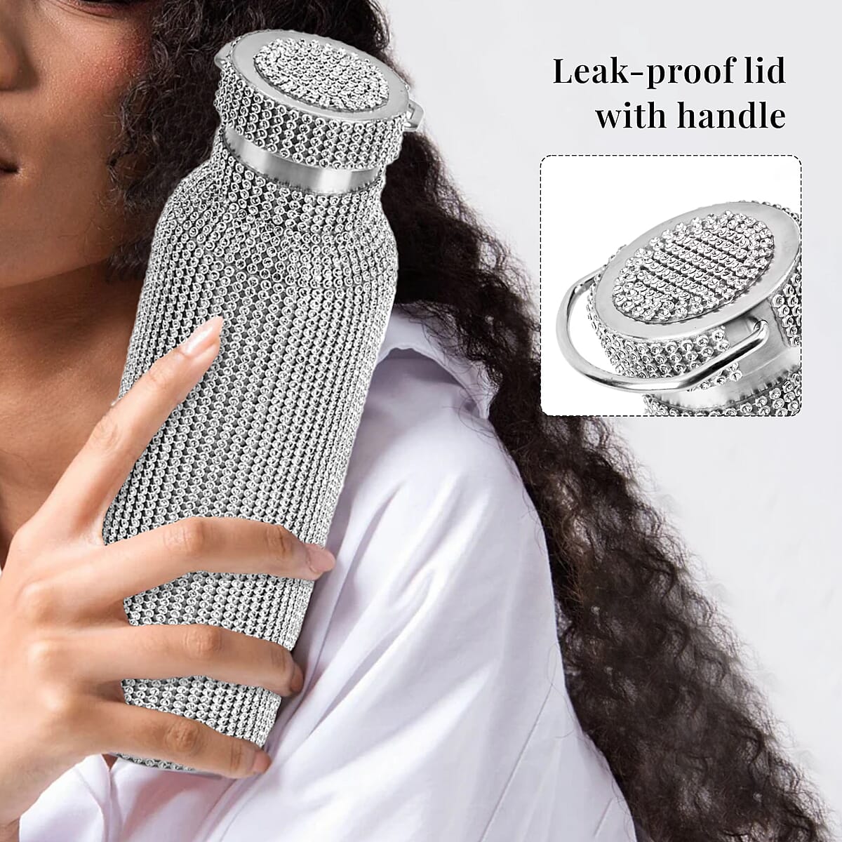 Crystal Studded Double Walled Stainless Steel Water Bottle with Detachable Chain Shoulder Strap 20oz- Silver image number 2