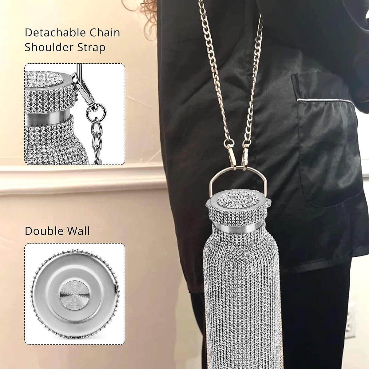 Crystal Studded Double Walled Stainless Steel Water Bottle with Detachable Chain Shoulder Strap 20oz- Silver image number 3