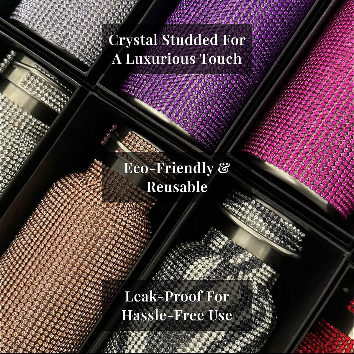 Crystal Studded Double Walled Stainless Steel Water Bottle with Detachable Chain Shoulder Strap 20oz- Silver image number 4