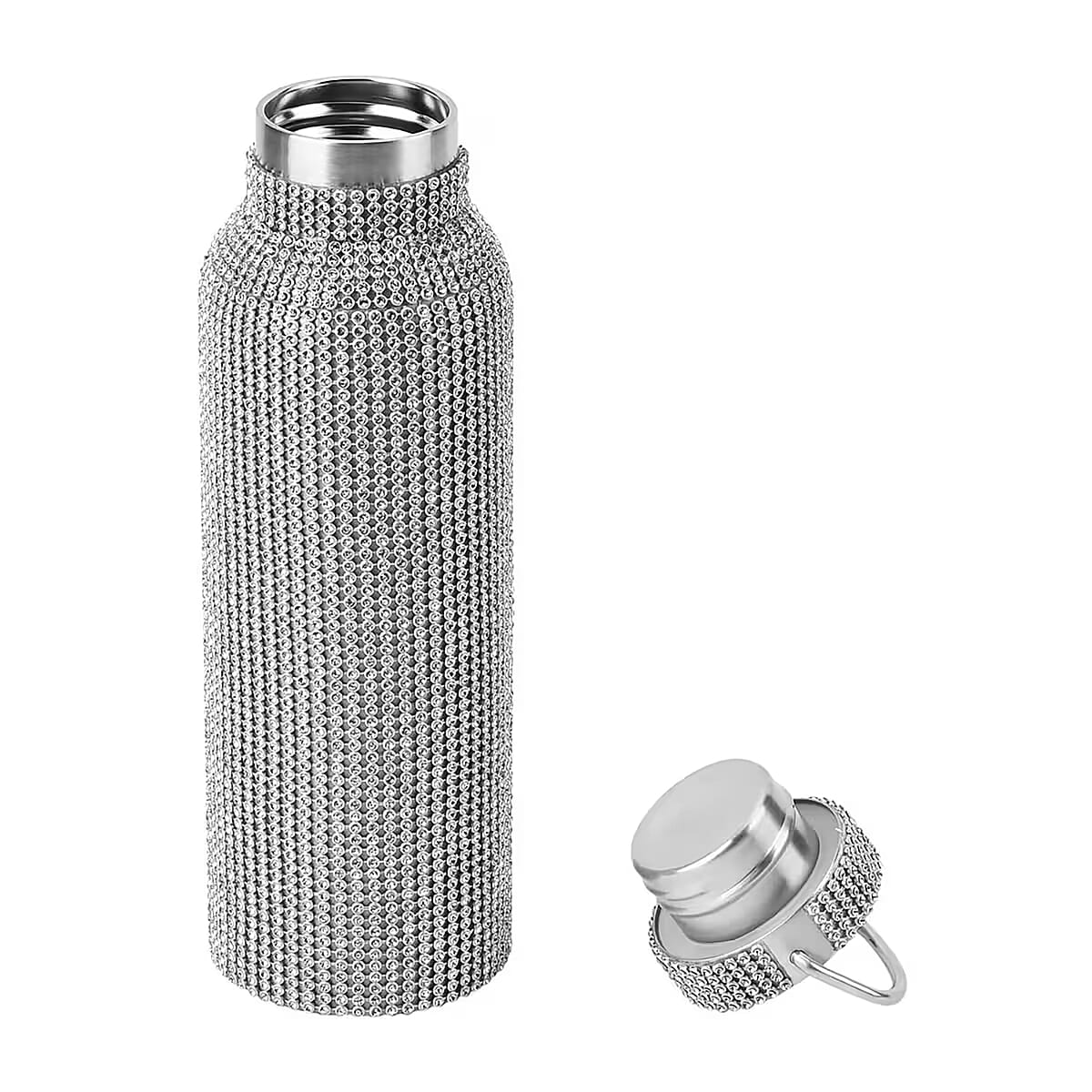 Crystal Studded Double Walled Stainless Steel Water Bottle with Detachable Chain Shoulder Strap 20oz- Silver image number 6