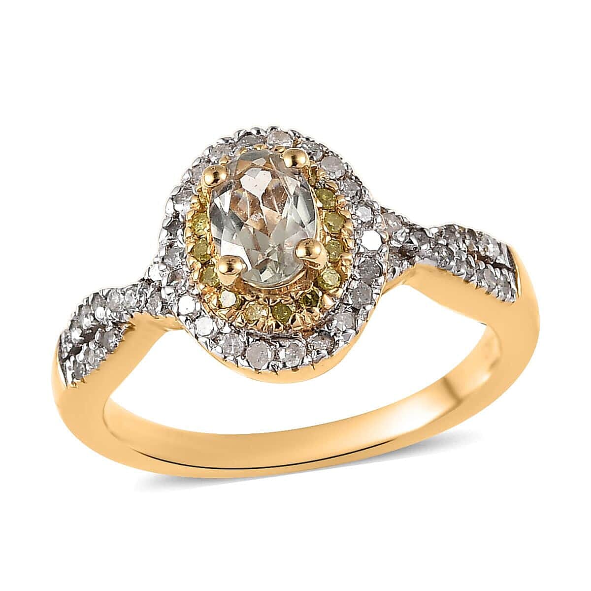 AAA Turkizite, Yellow and White Diamond Double Halo Ring in Vermeil Yellow Gold Over Sterling Silver (Size 10.0) 0.75 ctw image number 0