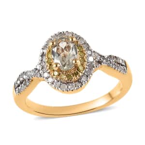 AAA Turkizite, Yellow and White Diamond Double Halo Ring in Vermeil Yellow Gold Over Sterling Silver (Size 10.0) 0.75 ctw