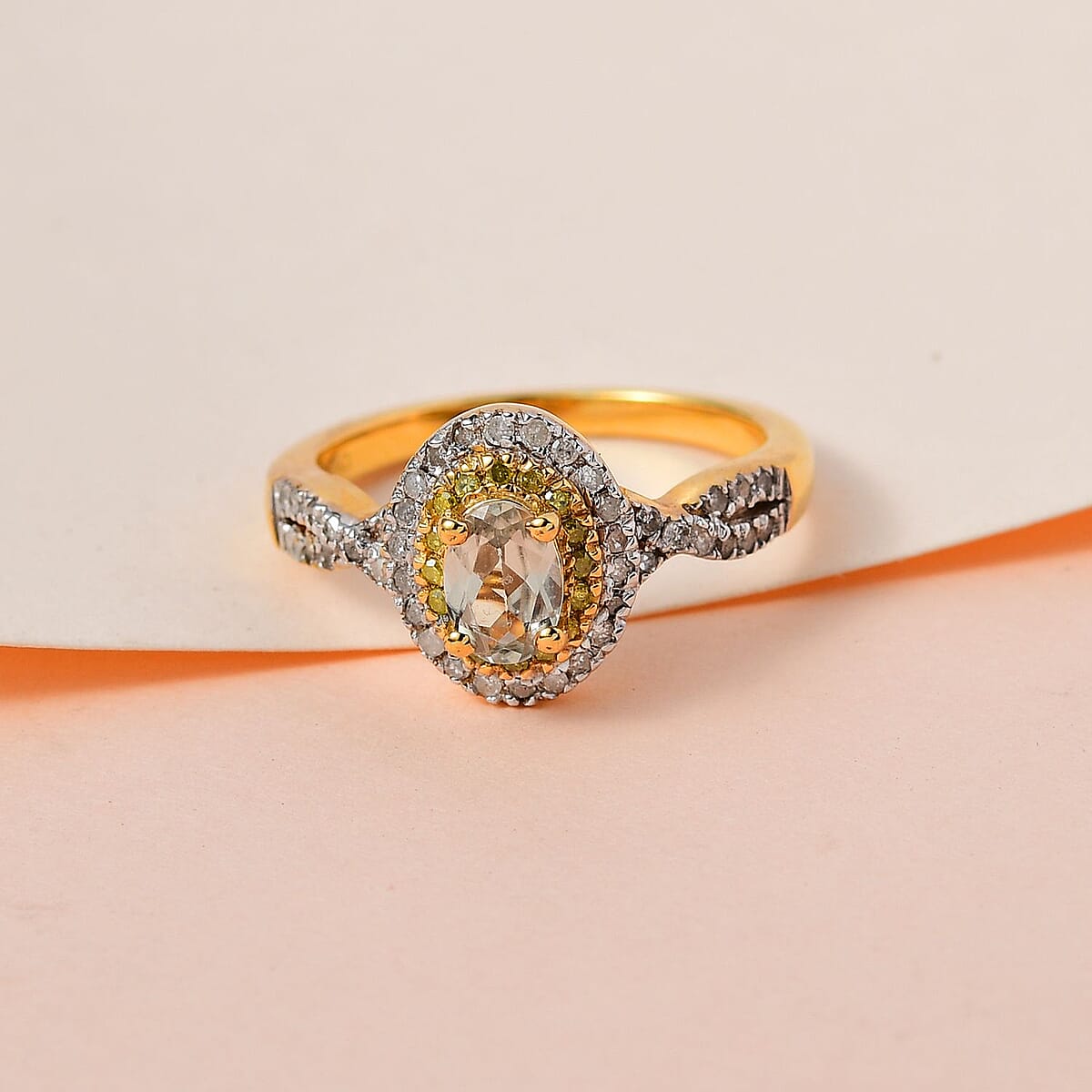 AAA Turkizite, Yellow and White Diamond Double Halo Ring in Vermeil Yellow Gold Over Sterling Silver (Size 5.0) 0.75 ctw image number 1