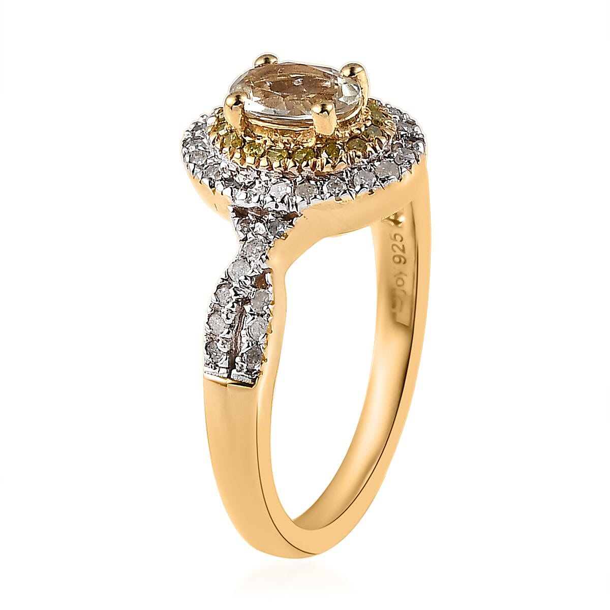 AAA Turkizite, Yellow and White Diamond Double Halo Ring in Vermeil Yellow Gold Over Sterling Silver (Size 5.0) 0.75 ctw image number 3