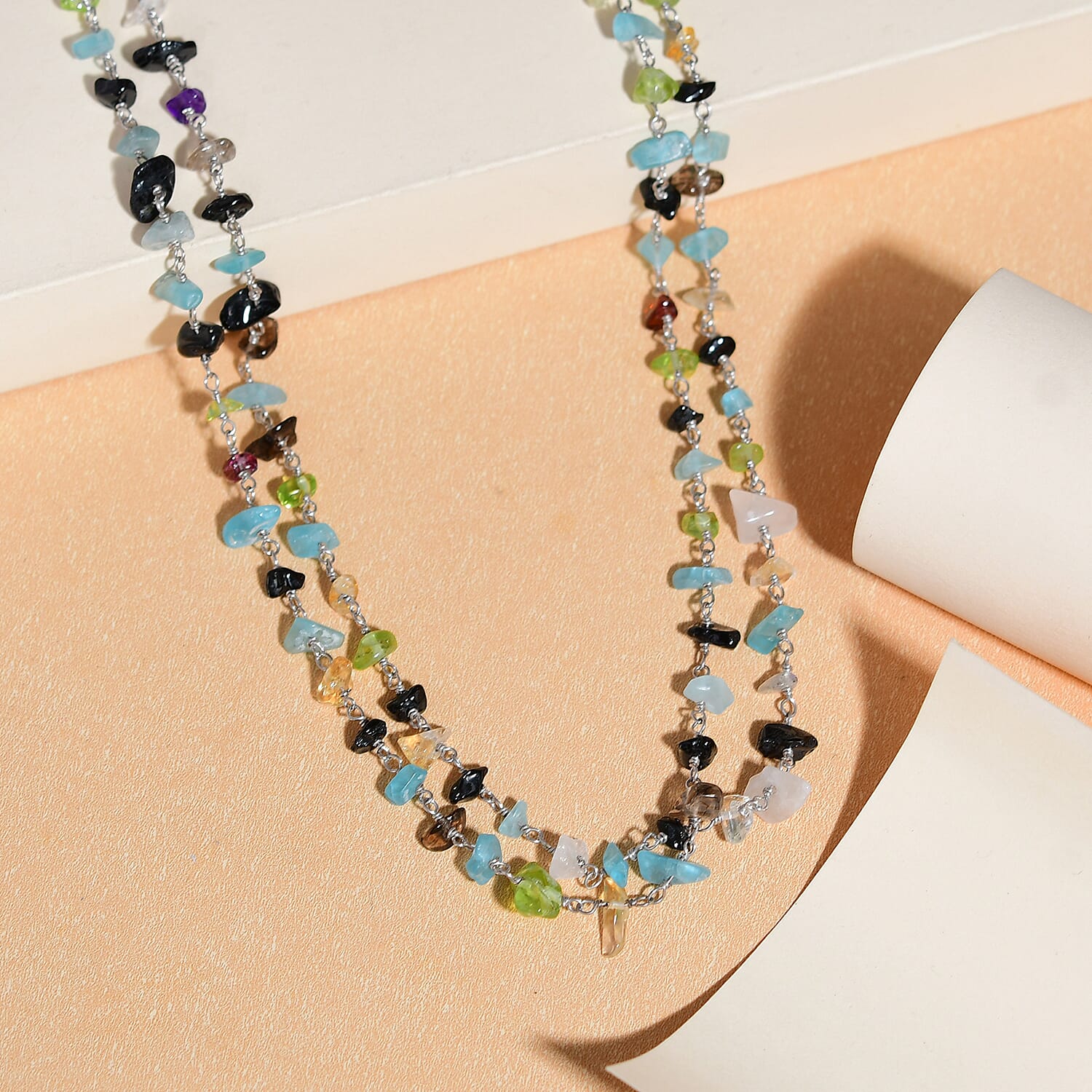 Multi Gemstone Beaded Necklace 48 Inches in Sterling Silver 97.10 ctw
