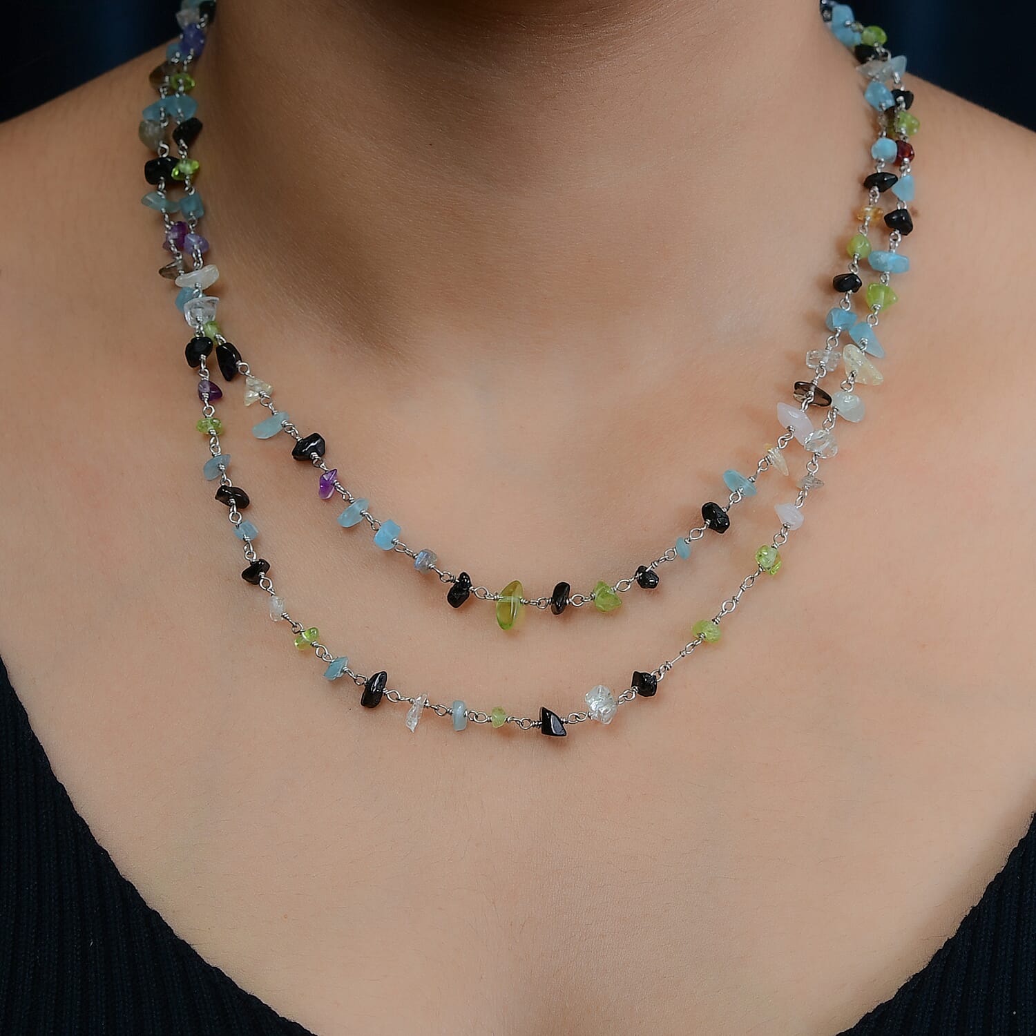 Multi Gemstone Beaded Necklace 48 Inches in Sterling Silver 97.10 ctw