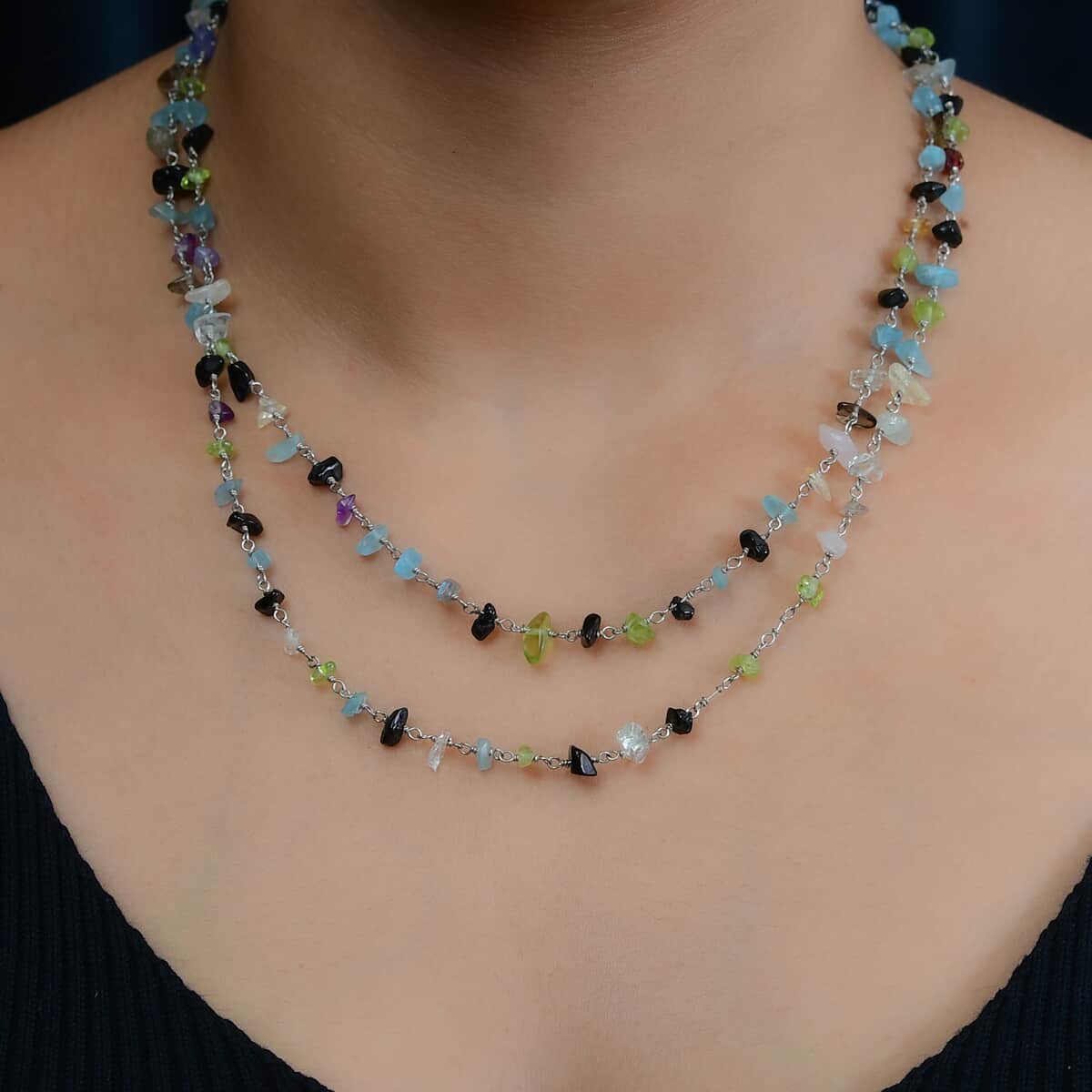 Multi Gemstone Beaded Necklace 48 Inches in Sterling Silver 97.10 ctw image number 2