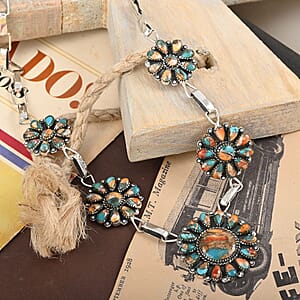 Santa Fe Style Spiny Turquoise Necklace 18 Inches in Sterling Silver 451.50 ctw