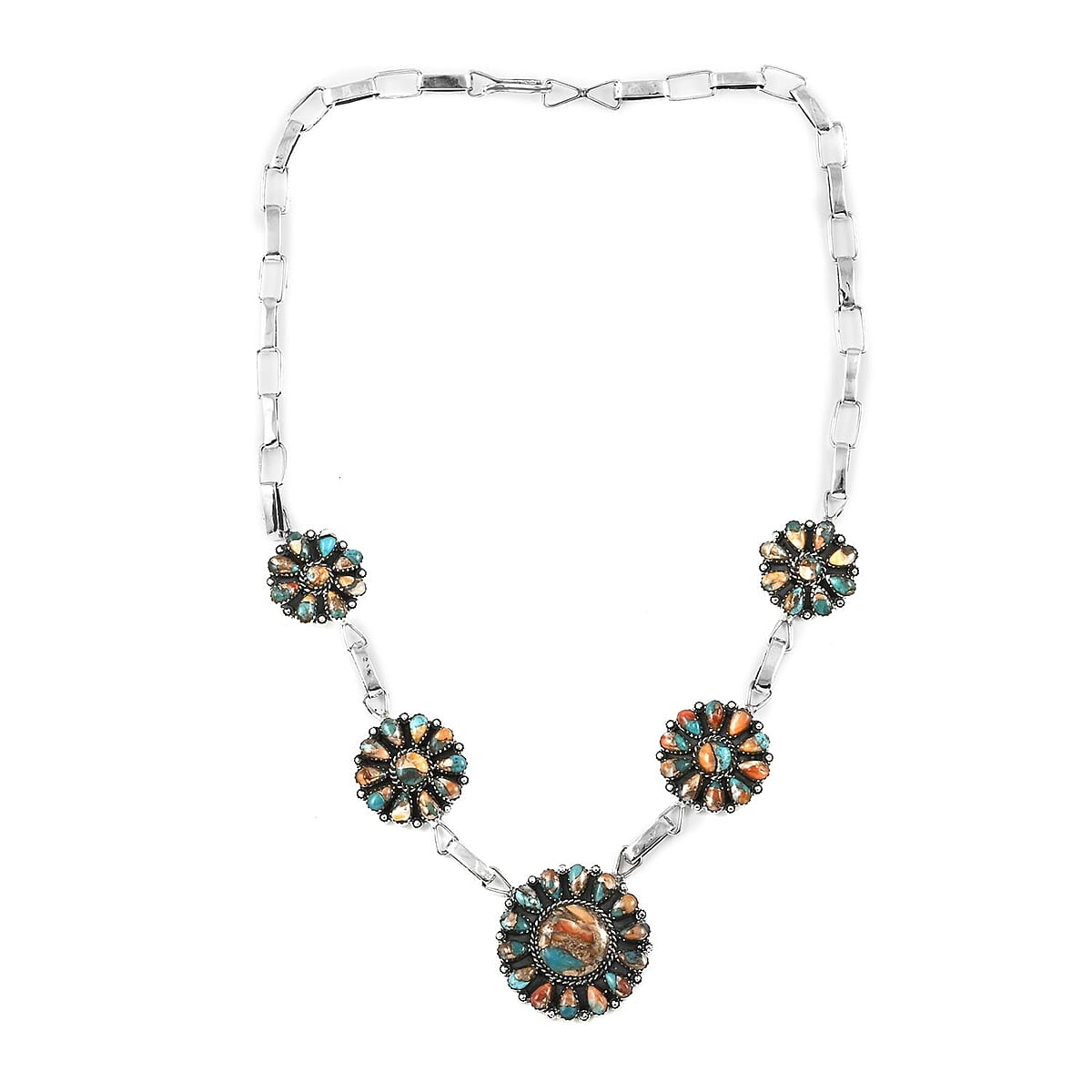 Santa Fe Style Spiny Turquoise Necklace 18 Inches in Sterling Silver 451.50 ctw image number 2
