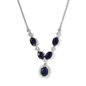 Madagascar Blue Sapphire (DF) and White Zircon Necklace 18 Inches in Platinum Over Sterling Silver 6.20 ctw