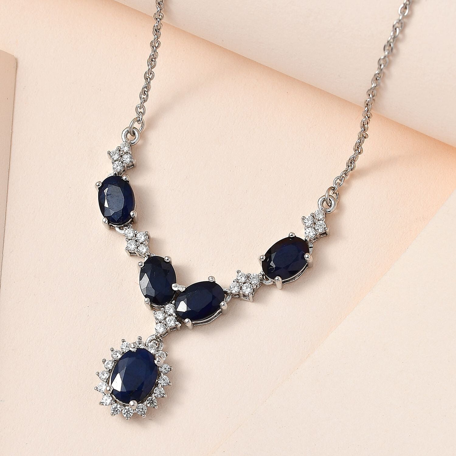 Madagascar Blue Sapphire (DF) and White Zircon 6.20 ctw Necklace in Platinum Over Sterling Silver 18 Inches