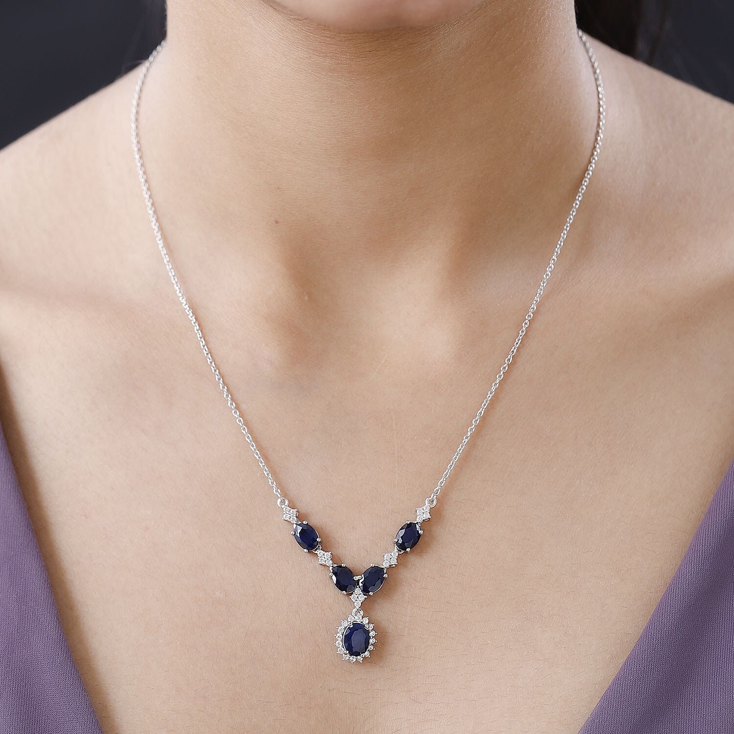 Madagascar Blue Sapphire (DF) and White Zircon 6.20 ctw Necklace in Platinum Over Sterling Silver 18 Inches
