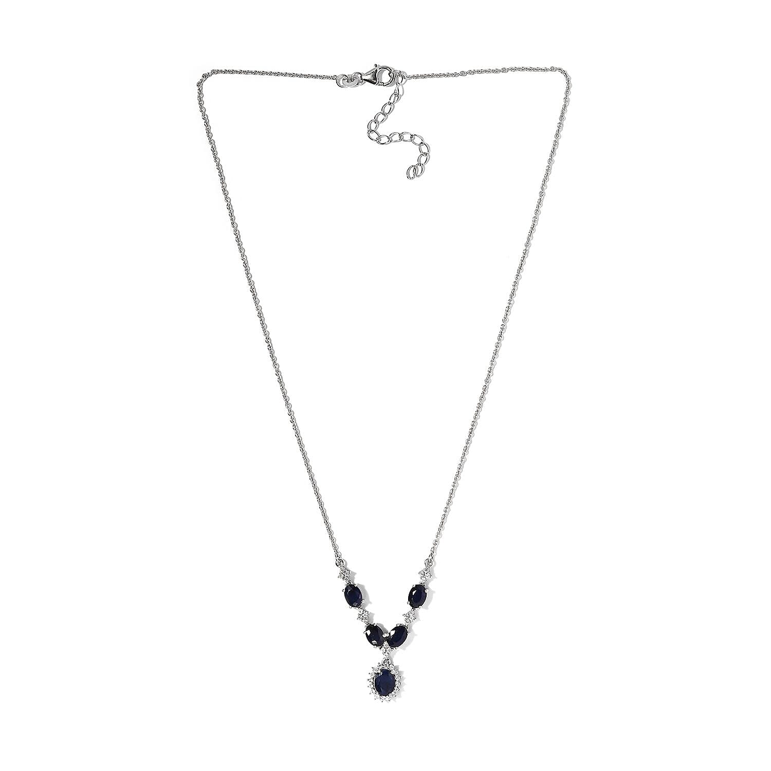 Madagascar Blue Sapphire (DF) and White Zircon 6.20 ctw Necklace in Platinum Over Sterling Silver 18 Inches