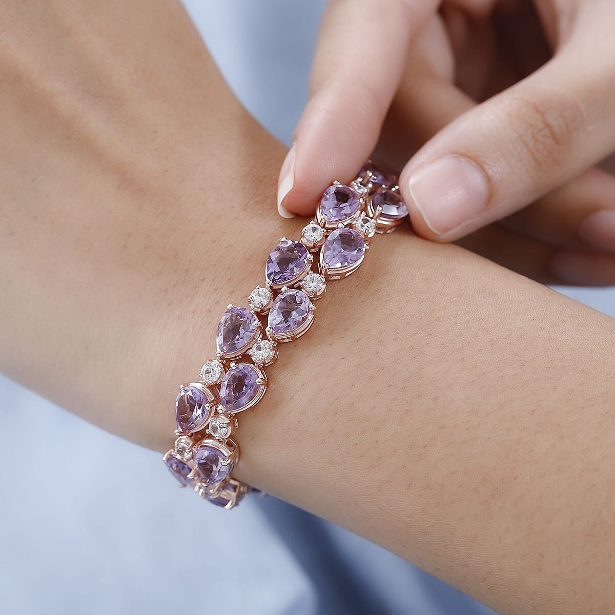 AAA Rose De France Amethyst and White Zircon Bracelet in Vermeil Rose Gold Over Sterling Silver (7.25 In) 33.75 ctw image number 2