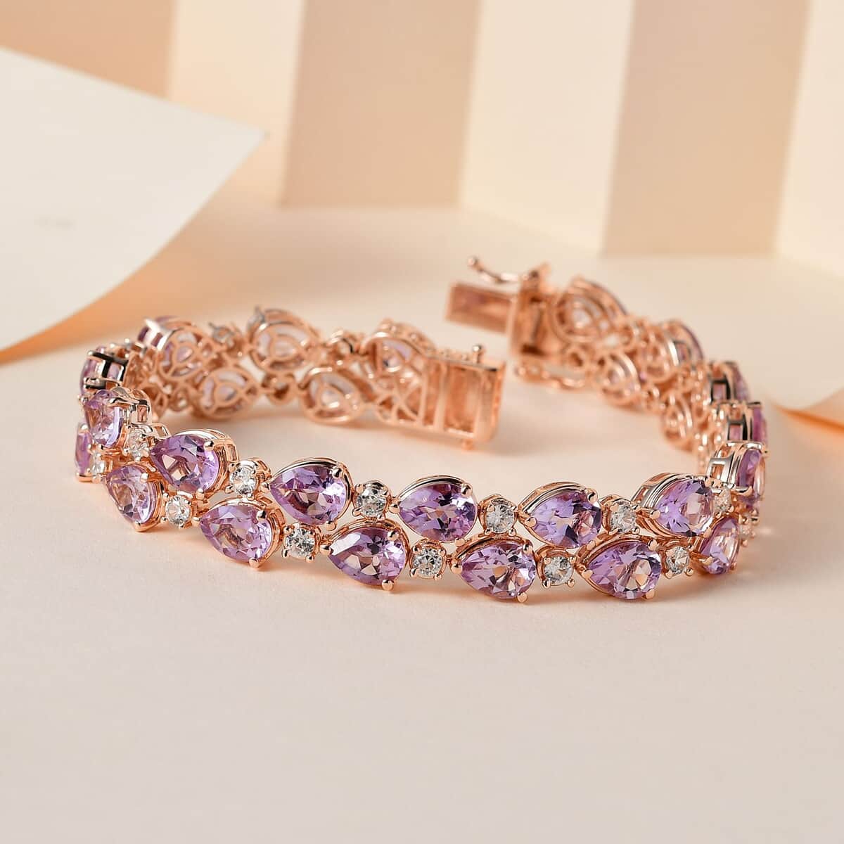 AAA Rose De France Amethyst and White Zircon Bracelet in Vermeil Rose Gold Over Sterling Silver (8.00 In) 36.25 ctw image number 1