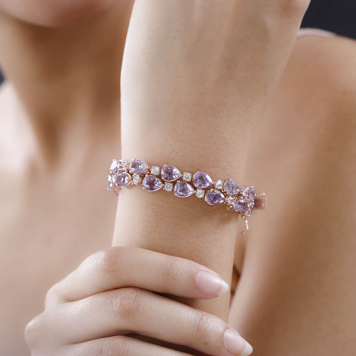 AAA Rose De France Amethyst and White Zircon Bracelet in Vermeil Rose Gold Over Sterling Silver (8.00 In) 36.25 ctw image number 2