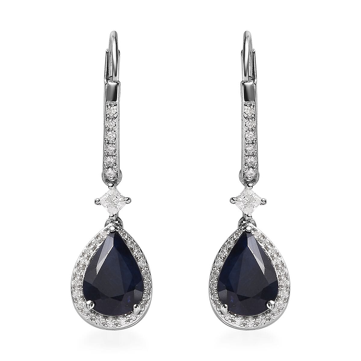 Madagascar Blue Sapphire (DF) and Moissanite Lever Back Earrings in Platinum Over Sterling Silver 4.90 ctw