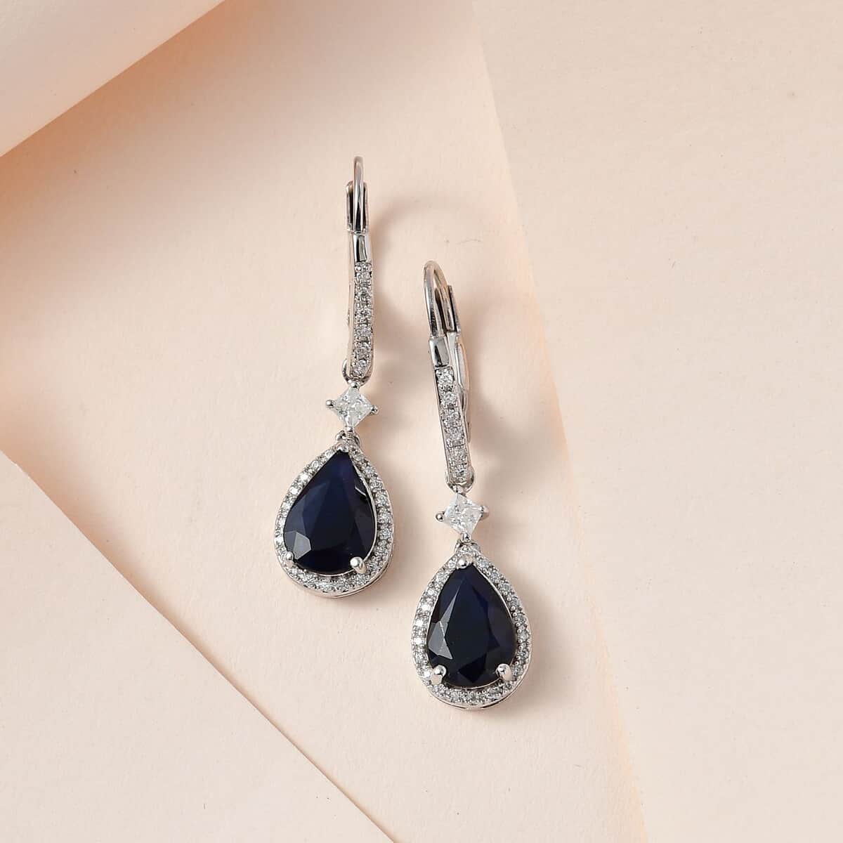 Madagascar Blue Sapphire (DF) and Moissanite Lever Back Earrings in Platinum Over Sterling Silver 4.90 ctw image number 1