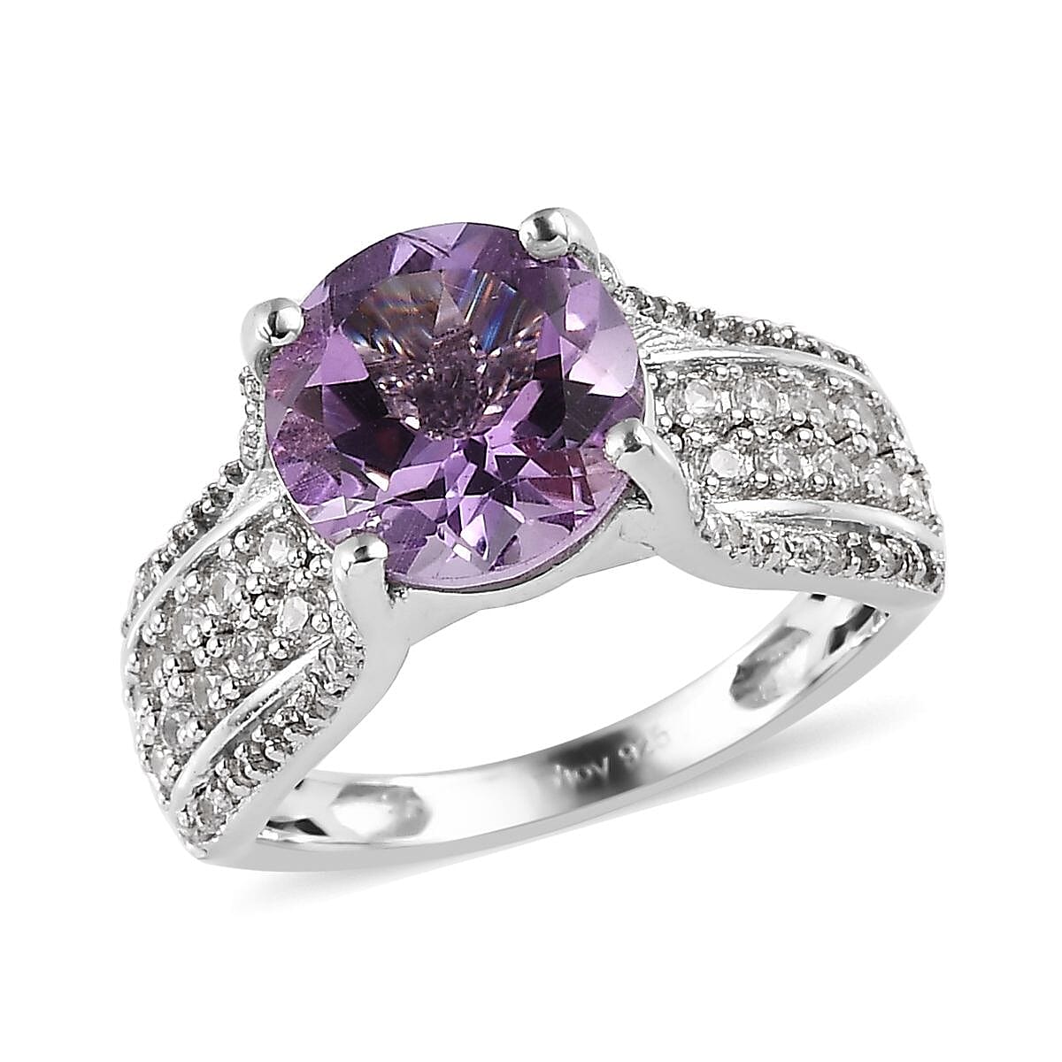 AAA Rose De France Amethyst and White Zircon Bridge Ring in Platinum Over Sterling Silver, Promise Rings (Size 5.0) 3.25 ctw image number 0