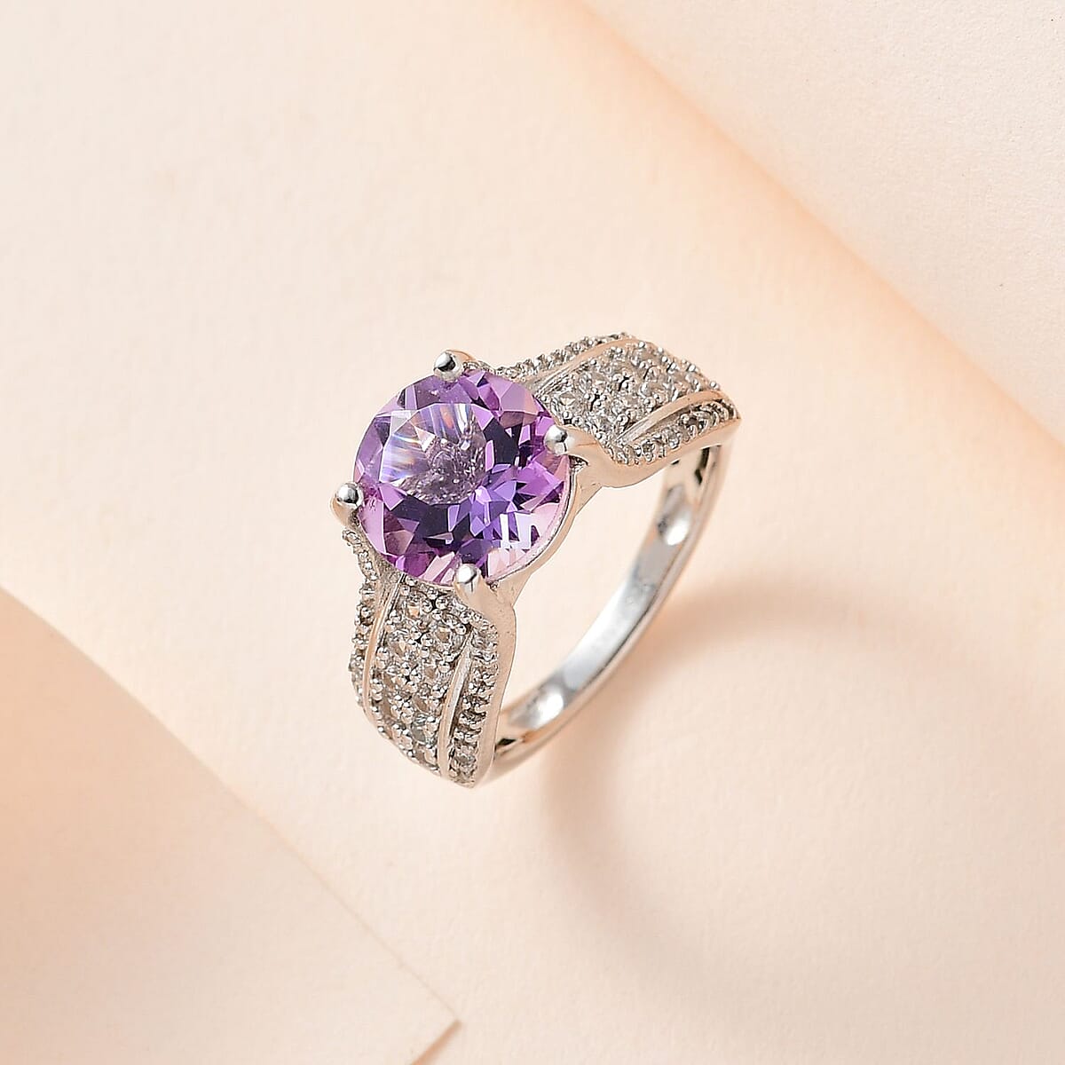 AAA Rose De France Amethyst and White Zircon Bridge Ring in Platinum Over Sterling Silver, Promise Rings (Size 5.0) 3.25 ctw image number 1