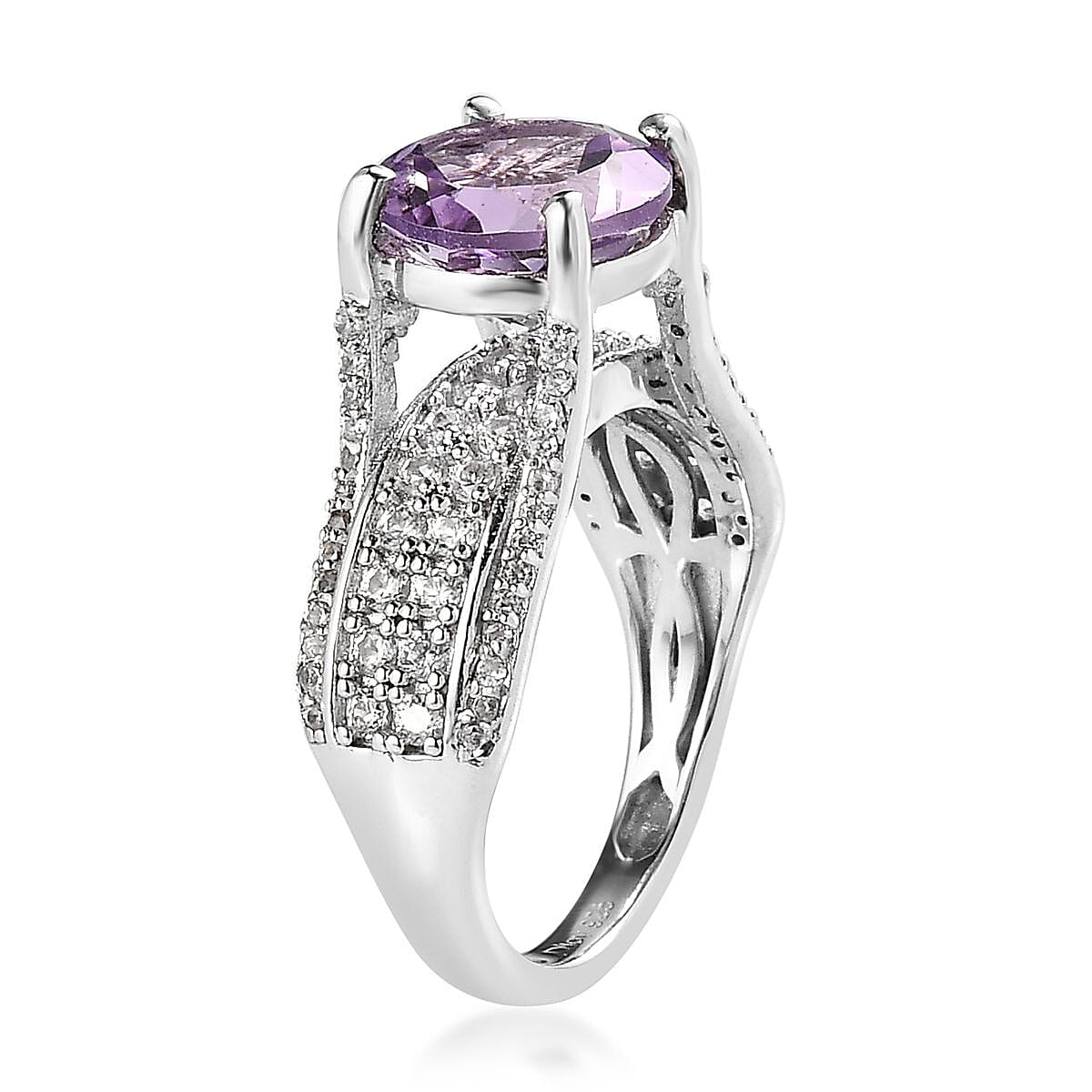 AAA Rose De France Amethyst and White Zircon Bridge Ring in Platinum Over Sterling Silver, Promise Rings (Size 5.0) 3.25 ctw image number 3