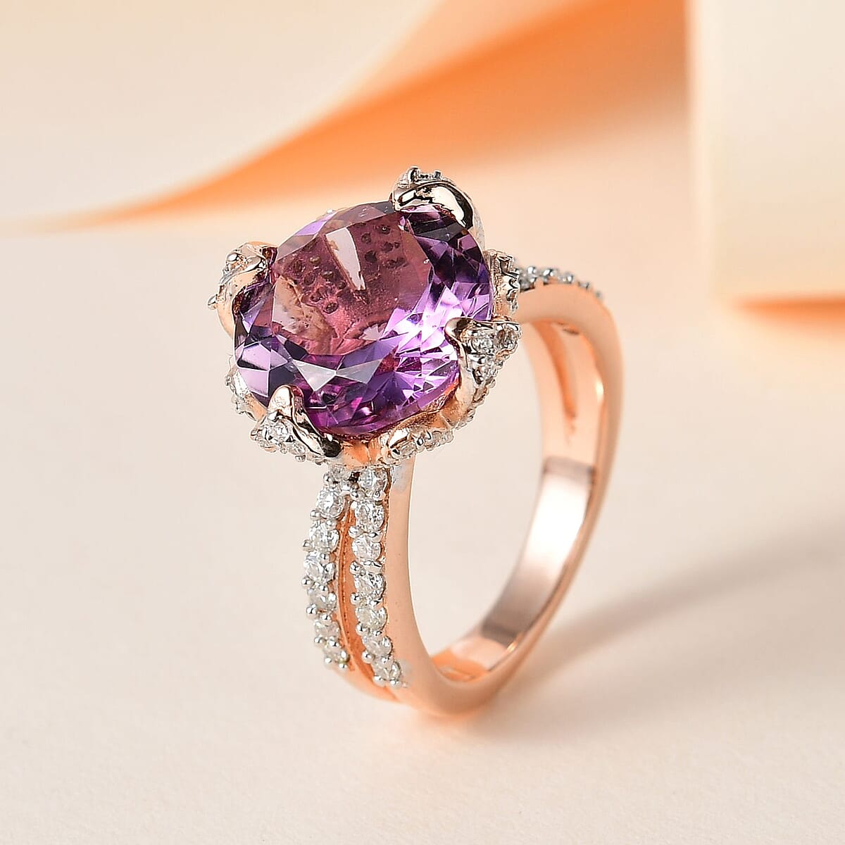 Rose De France Amethyst and Moissanite Ring in Vermeil Rose Gold Over Sterling Silver (Size 6.0) 7.00 ctw image number 1