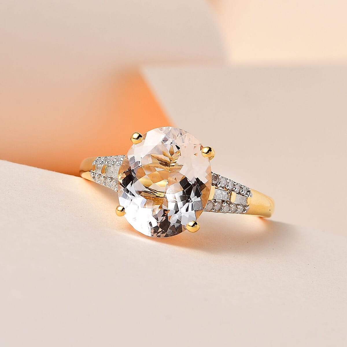 One Time Only Pink Morganite, Diamond Ring in Vermeil YG Over Sterling Silver (Size 10.0) 3.15 ctw image number 1