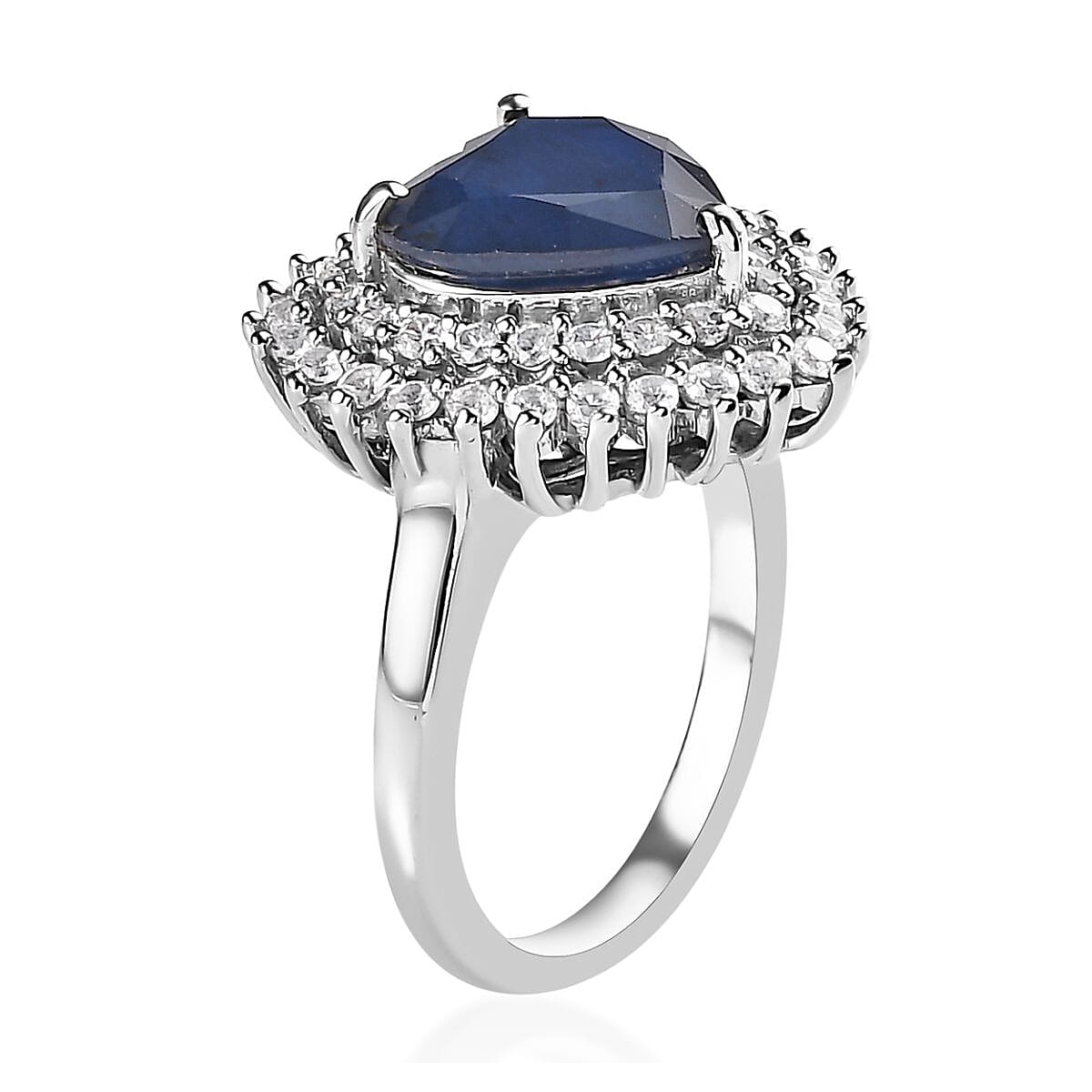 Madagascar Blue Sapphire (DF) and White Zircon Heart Shape Ring in Platinum Over Sterling Silver 5.25 ctw image number 3