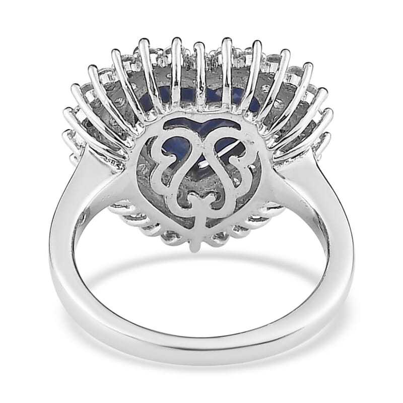 Madagascar Blue Sapphire (DF) and White Zircon Double Halo Heart Ring in Platinum Over Sterling Silver (Size 10.0) 5.25 ctw