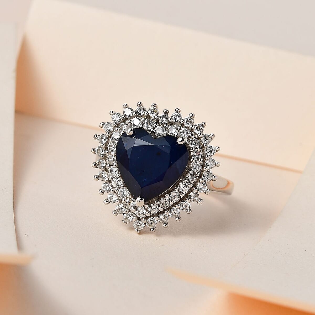 Madagascar Blue Sapphire (DF) and White Zircon Double Halo Heart Ring in Platinum Over Sterling Silver (Size 9.0) 5.25 ctw image number 1