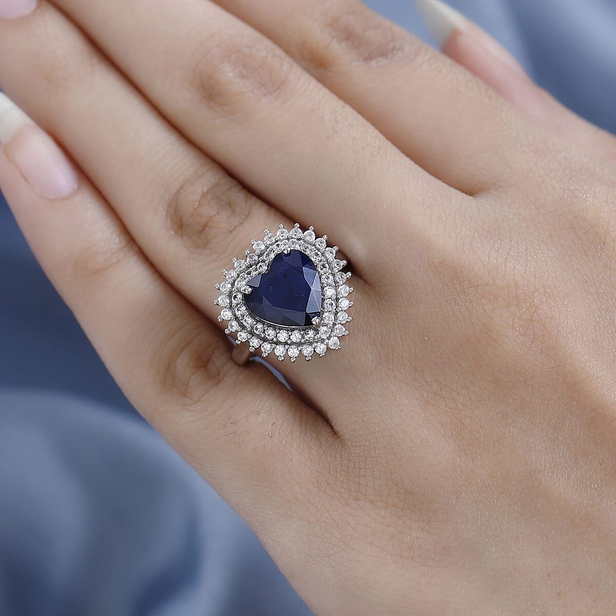 Madagascar Blue Sapphire (DF) and White Zircon Double Halo Heart Ring in Platinum Over Sterling Silver (Size 9.0) 5.25 ctw image number 2