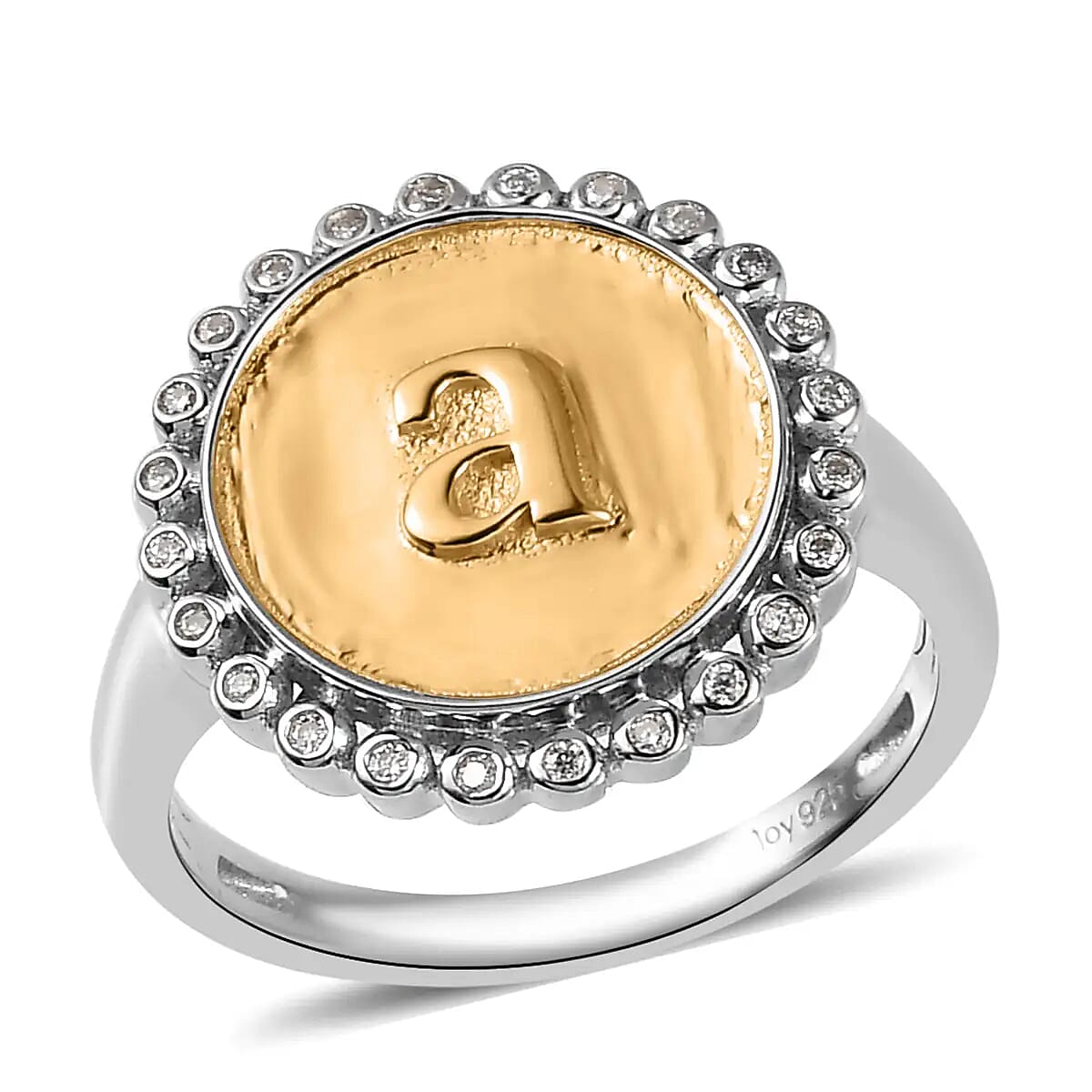 Mother’s Day Gift Moissanite Floral Medallion Coin Initial A Ring in Vermeil Yellow Gold and Platinum Over Sterling Silver (Size 7.0) 0.10 ctw image number 0