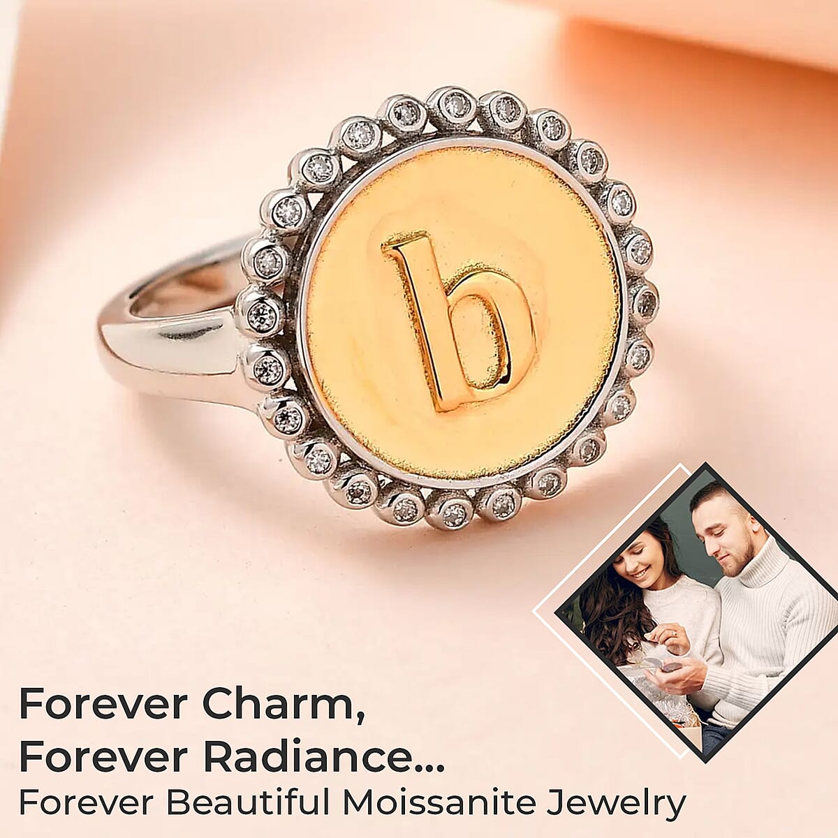 Moissanite Medallion Coin Initial B Ring in Vermeil Yellow Gold and Platinum Over Sterling Silver (Size 7.0) 0.10 ctw image number 1