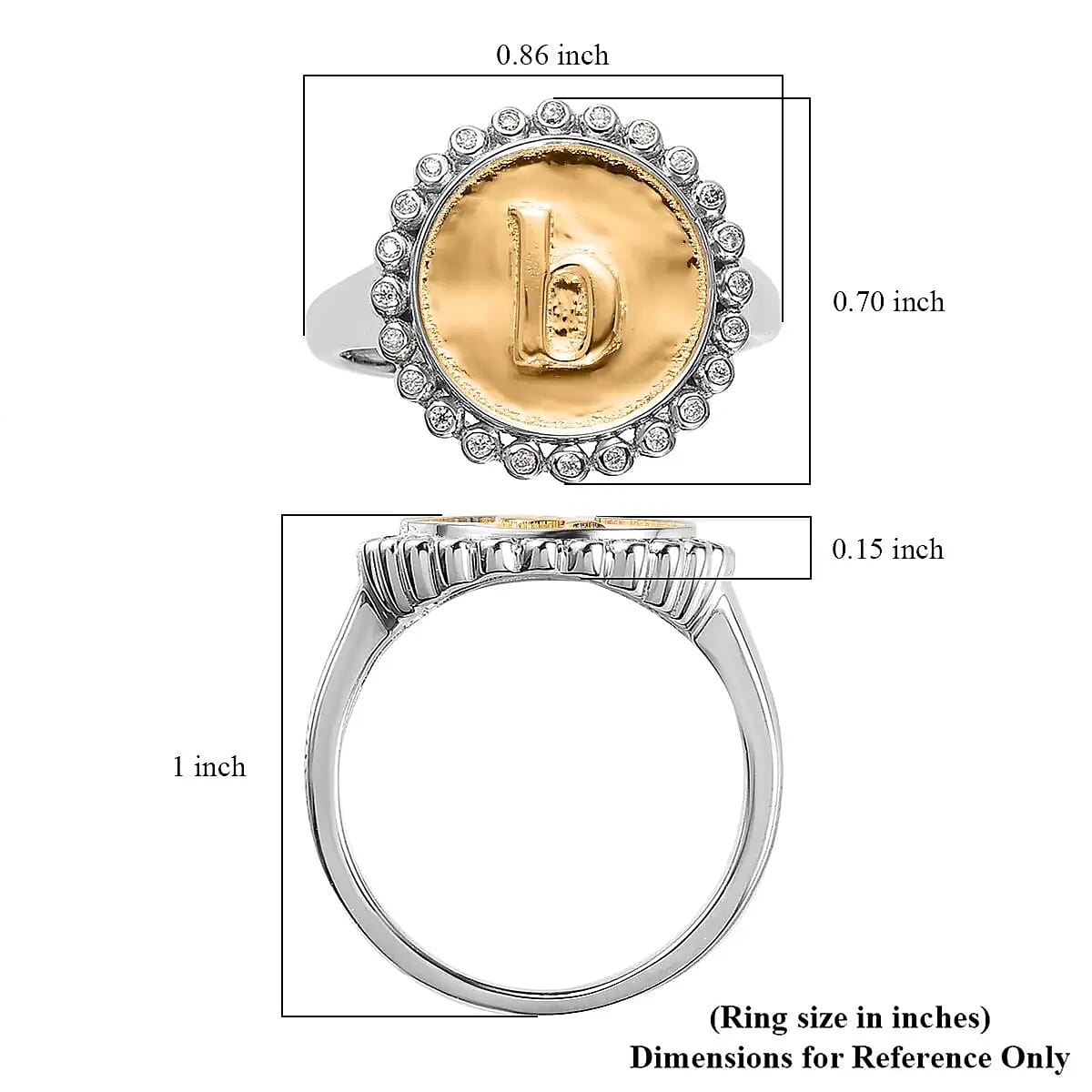 Moissanite Medallion Coin Initial B Ring in Vermeil Yellow Gold and Platinum Over Sterling Silver (Size 7.0) 0.10 ctw image number 6