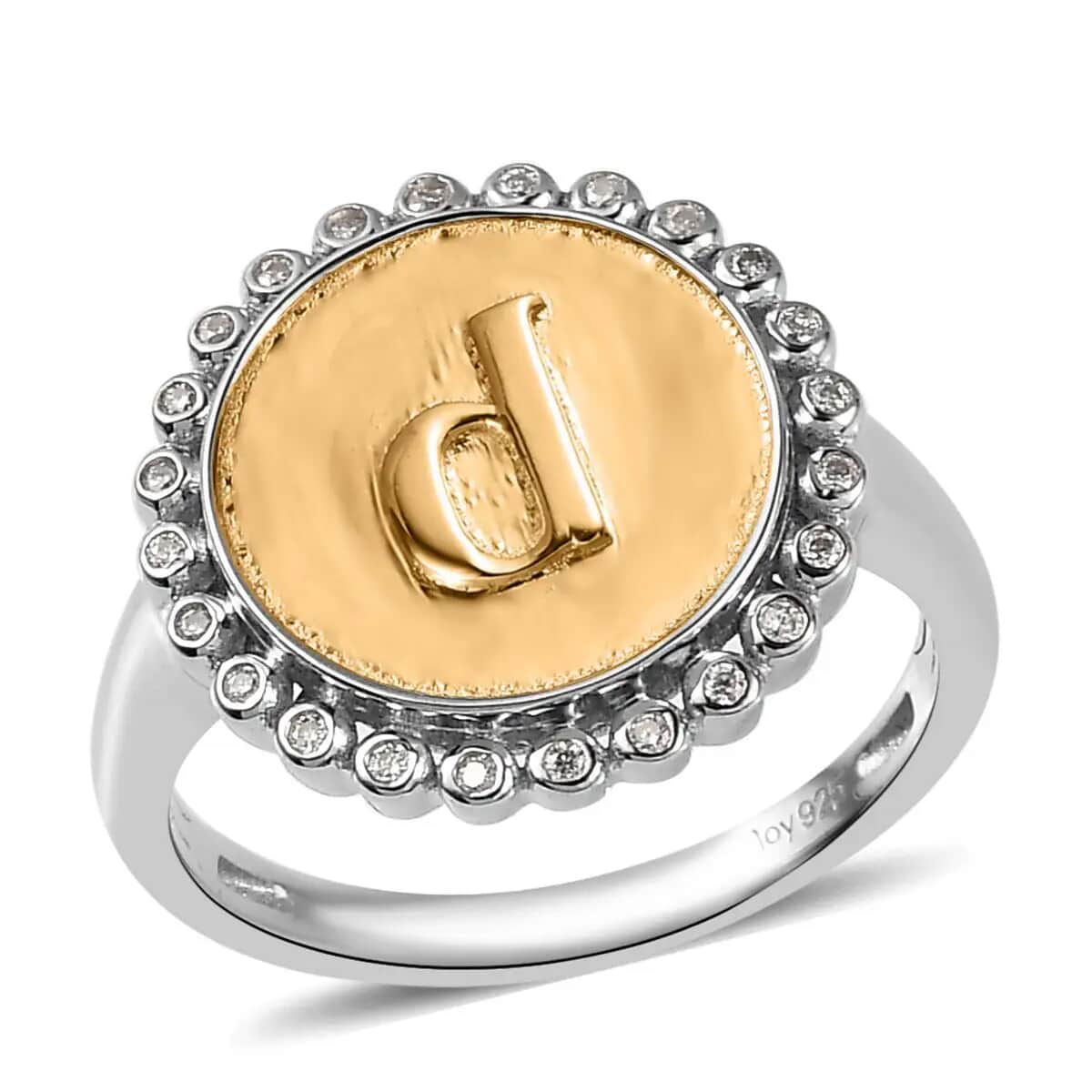 Moissanite Medallion Coin Initial D Ring in Vermeil Yellow Gold and Platinum Over Sterling Silver (Size 7.0) 0.10 ctw image number 0