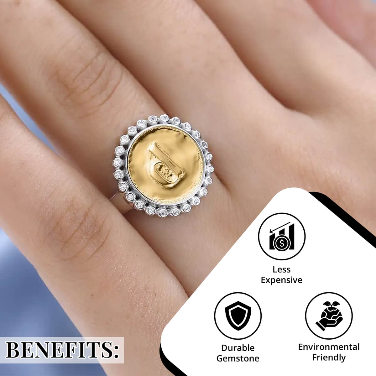 Moissanite Medallion Coin Initial D Ring in Vermeil Yellow Gold and Platinum Over Sterling Silver (Size 7.0) 0.10 ctw image number 3