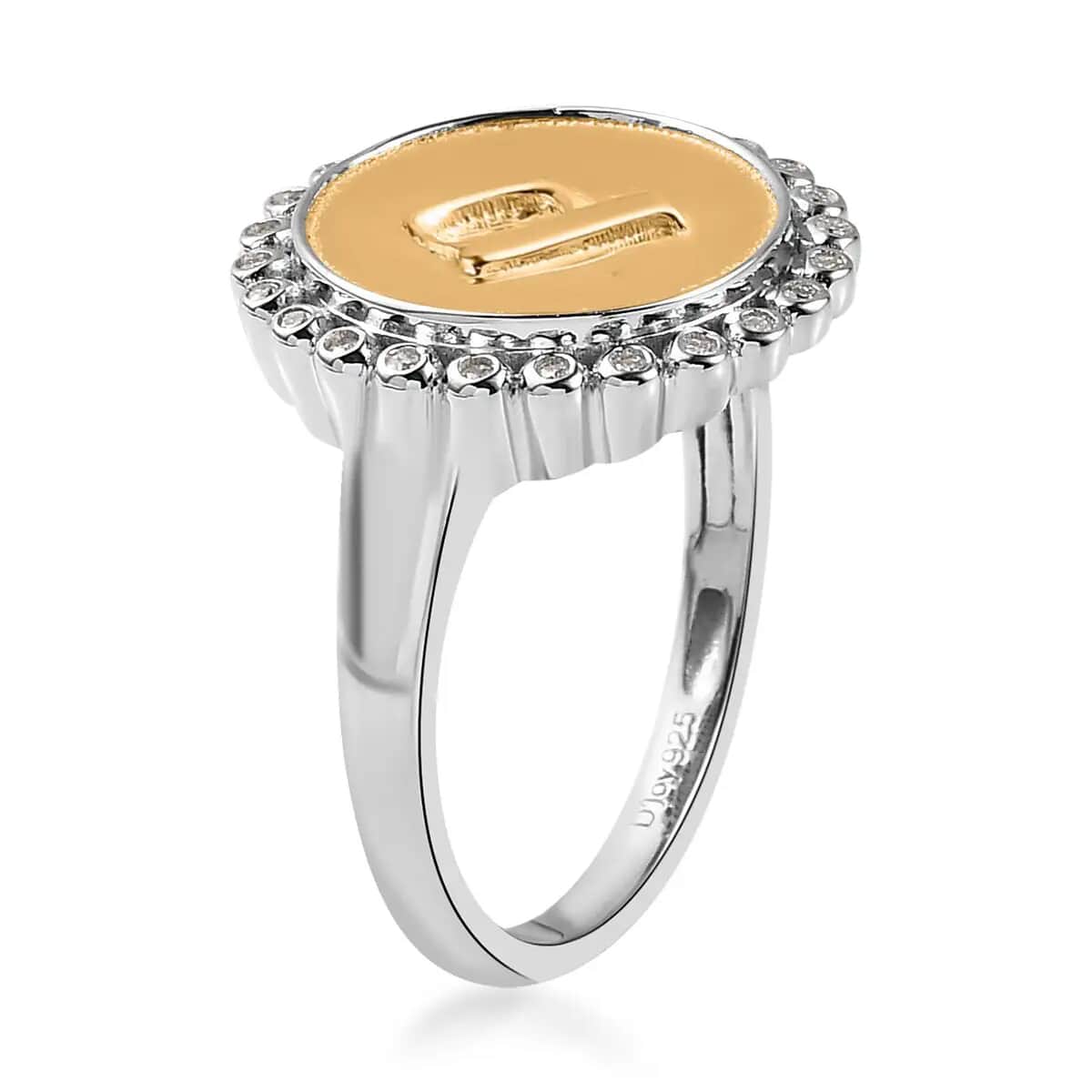Moissanite Medallion Coin Initial D Ring in Vermeil Yellow Gold and Platinum Over Sterling Silver (Size 7.0) 0.10 ctw image number 4