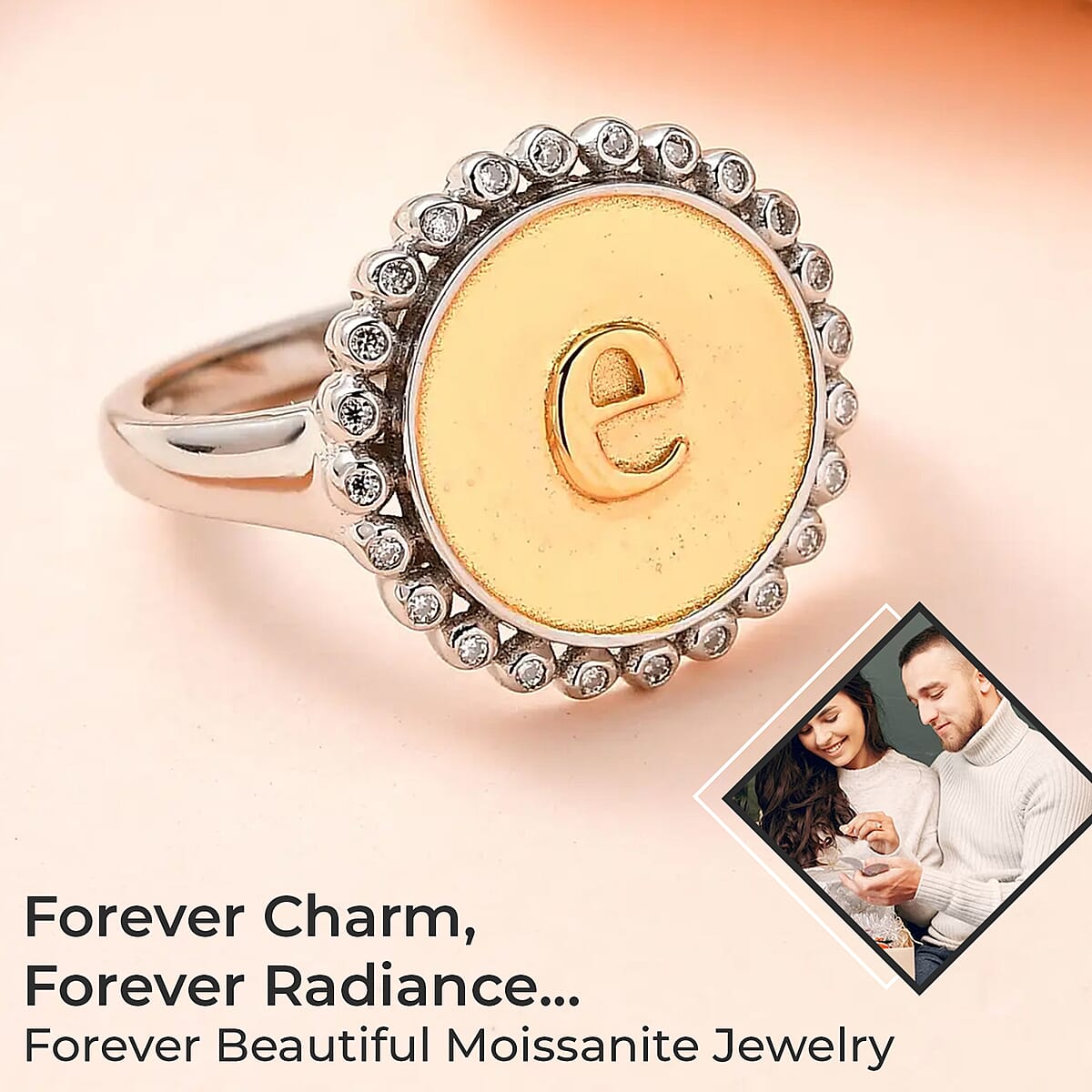 Moissanite Initial E Ring in Vermeil Yellow Gold and Platinum Over Sterling Silver (Size 7.0) 0.13 ctw image number 1