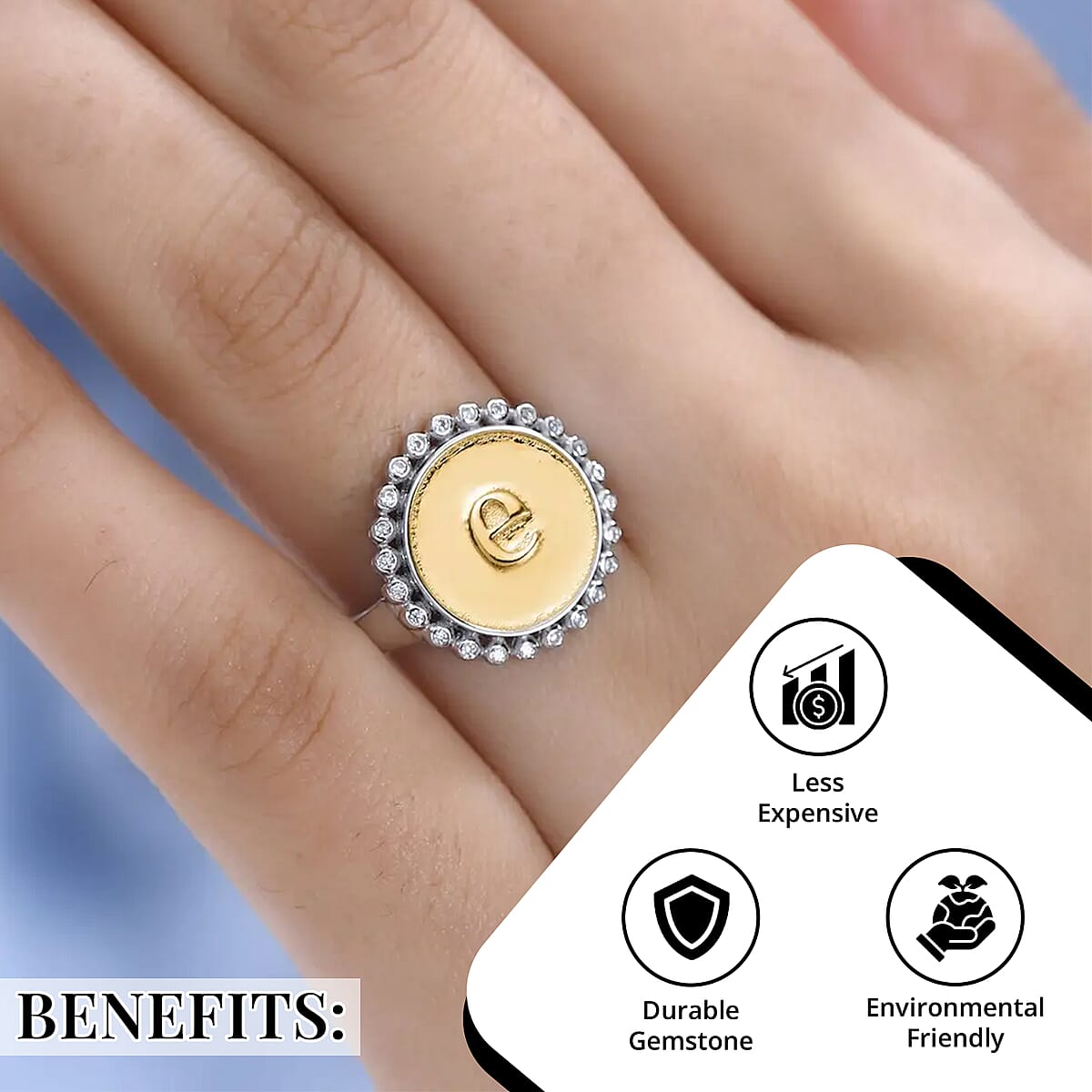 Moissanite Initial E Ring in Vermeil Yellow Gold and Platinum Over Sterling Silver (Size 7.0) 0.13 ctw image number 3