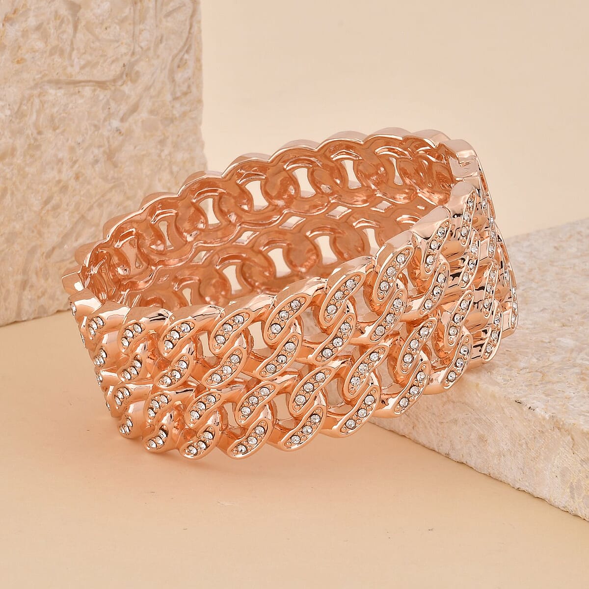  White Austrian Crystal Bangle Bracelet in Rosetone (6.50 In) image number 1
