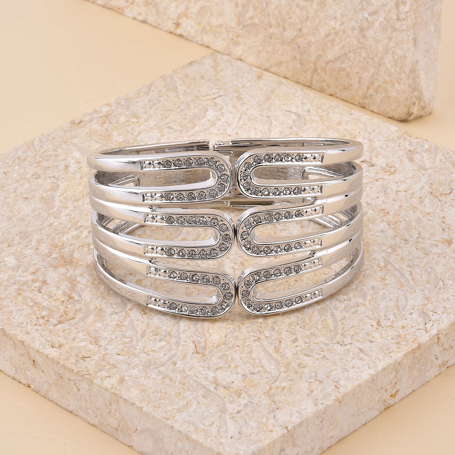 White Austrian Crystal Cuff Bracelet in Silvertone (7.00 In)