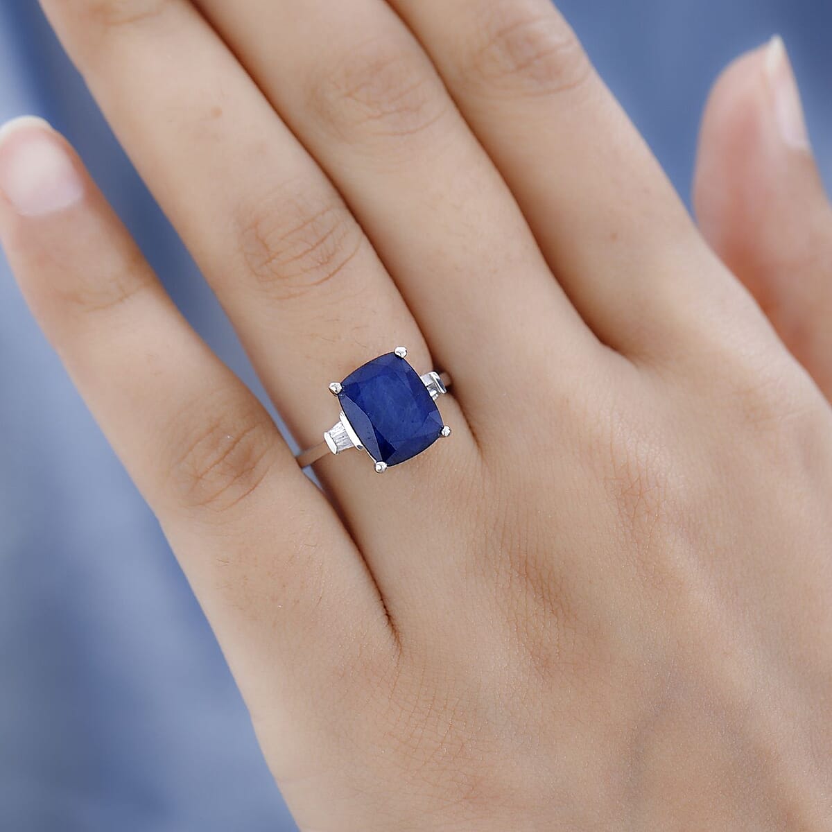 Madagascar Blue Sapphire (DF) and Diamond Ring in Platinum Over Sterling Silver 5.50 ctw image number 2