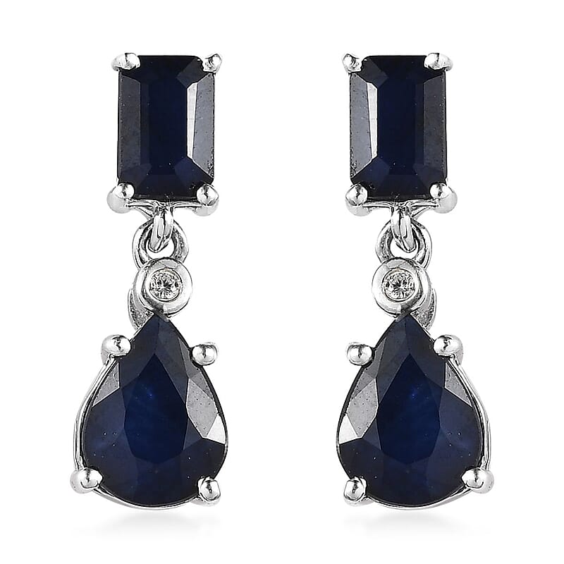 Madagascar Blue Sapphire (DF) and White Zircon Drop Earrings in Platinum Over Sterling Silver 3.90 ctw